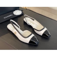 Unique Style Chanel Lambskin & Patent Calfskin Slingback Flats G46000 White 121138