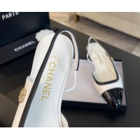 Unique Style Chanel Lambskin & Patent Calfskin Slingback Flats G46000 White 121138