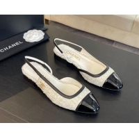 Best Price Chanel Tweed & Patent Calfskin Slingback Flats G46000 White/Black 121140