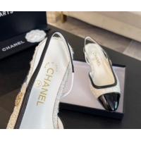 Best Price Chanel Tweed & Patent Calfskin Slingback Flats G46000 White/Black 121140