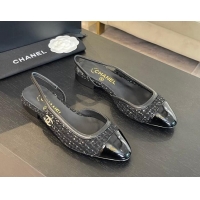 Unique Style Chanel Tweed & Patent Calfskin Slingback Flats G46000 Black/Sequins 1121141