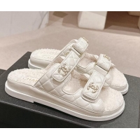 Good Quality Chanel Quilted Calfskin & Shearling Wool Flat Slides Sandal with Chain CC White 121144