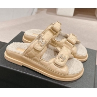 Pretty Style Chanel Quilted Calfskin & Shearling Wool Flat Slides Sandal with Chain CC Light Beige 121145