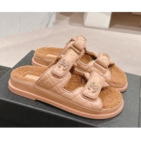 Perfect Chanel Quilted Calfskin & Shearling Wool Flat Slides Sandal with Chain CC Rose Beige 121146