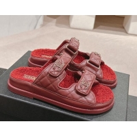 Best Grade Chanel Quilted Calfskin & Shearling Wool Flat Slides Sandal with Chain CC Burgundy 1121148