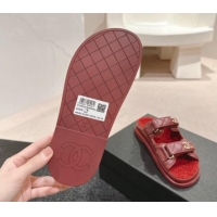 Best Grade Chanel Quilted Calfskin & Shearling Wool Flat Slides Sandal with Chain CC Burgundy 1121148