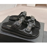 Grade Quality Chanel Quilted Calfskin & Shearling Wool Flat Slides Sandal with Chain CC Black 121149