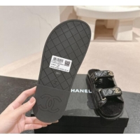 Grade Quality Chanel Quilted Calfskin & Shearling Wool Flat Slides Sandal with Chain CC Black 121149