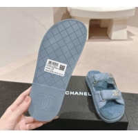 Unique Style Chanel Quilted Calfskin & Shearling Wool Flat Slides Sandal with Chain CC Blue 121151