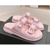 Good Quality Chanel Quilted Calfskin & Shearling Wool Flat Slides Sandal with Chain CC Light Pink 1121153