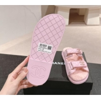 Good Quality Chanel Quilted Calfskin & Shearling Wool Flat Slides Sandal with Chain CC Light Pink 1121153