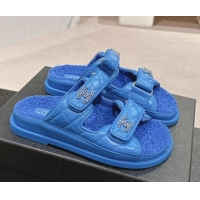 Buy Luxury Chanel Quilted Calfskin & Shearling Wool Flat Slides Sandal with Chain CC Sky Blue 121154