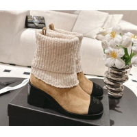 Grade Quality Chanel Suede & Knit Ankle Boots Beige 121157