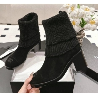 Good Looking Chanel Suede & Knit Ankle Boots Black 121159