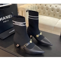 Durable Chanel Knit Ankle Boots with Charm Buckle Strap Black 121165