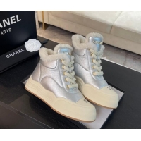 Best Product Chanel Calfskin & Fur Sneaker Ankle Boots Silver 121169