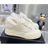 Stylish Chanel Calfskin & Fur High top Platform Sneakers 5cm White 121173