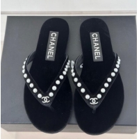 Sumptuous Chanel Velvet Flat Thongs Sandal with Pearls G46205 Black 1121175