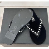 Sumptuous Chanel Velvet Flat Thongs Sandal with Pearls G46205 Black 1121175