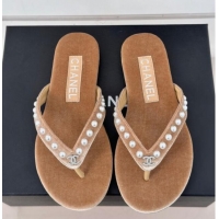 Low Cost Chanel Velvet Flat Thongs Sandal with Pearls G46205 Beige 121176