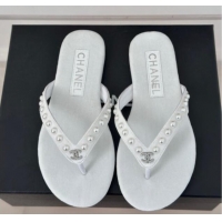 Duplicate Chanel Velvet Flat Thongs Sandal with Pearls G46205 White 121177