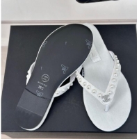 Duplicate Chanel Velvet Flat Thongs Sandal with Pearls G46205 White 121177