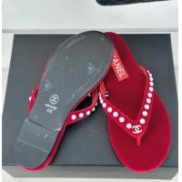 Best Price Chanel Velvet Flat Thongs Sandal with Pearls G46205 Red 121178