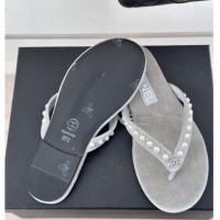 Luxurious Chanel Velvet Flat Thongs Sandal with Pearls G46205 Grey 1121179