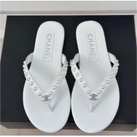 Purchase Chanel Calfskin Flat Thongs Sandal with Pearls G46205 White 1121180