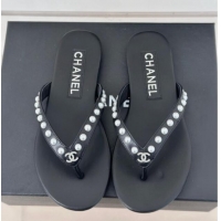 Low Price Chanel Calfskin Flat Thongs Sandal with Pearls G46205 Black 1121181