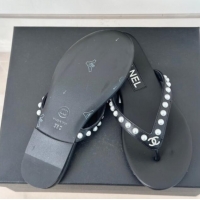 Low Price Chanel Calfskin Flat Thongs Sandal with Pearls G46205 Black 1121181