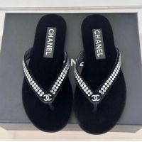 Buy Fashionable Chanel Velvet Flat Thongs Sandal with Strass G46205 Black 1121183