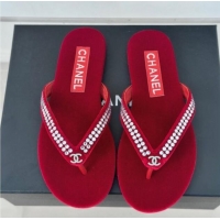 Big Discount Chanel Velvet Flat Thongs Sandal with Strass G46205 Red 1121185