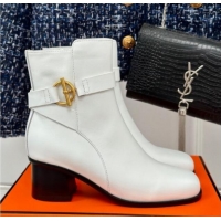 Good Product Hermes Jill Heel Ankle Boots 6cm in Calfskin with Glenan Buckle White 1008050