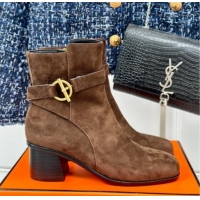 Stylish Hermes Jill Heel Ankle Boots 6cm in Suede with Glenan Buckle Dark Brown 1008051