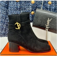 Charming Hermes Jill Heel Ankle Boots 6cm in Suede with Glenan Buckle Black 1008052