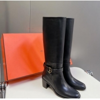 Buy Luxury Hermes Justin Heel High Boots 6cm in Calfskin with Glenan Buckle Black 1008054