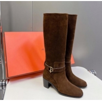 Popular Style Hermes Justin Heel High Boots 6cm in Suede with Glenan Buckle Dark Brown 008055