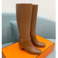 Shop Duplicate Hermes Justin Heel High Boots 6cm in Calfskin with Glenan Buckle Brown 008056