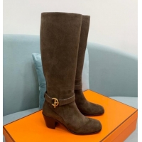 Hot Style Hermes Justin Heel High Boots 6cm in Suede with Glenan Buckle Khaki Grey 1008057