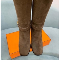 Hot Style Hermes Justin Heel High Boots 6cm in Suede with Glenan Buckle Khaki Grey 1008057