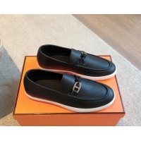 Sophisticated Hermes Ignacio Loafers Flat with Chaine d'Ancre Buckle in Grained Calfskin Black 1008059