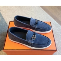 Big Discount Hermes Ignacio Loafers Flat with Chaine d'Ancre Buckle in Suede Dark Blue 1008060