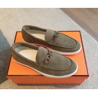 Buy Luxury Hermes Ignacio Loafers Flat with Chaine d'Ancre Buckle in Suede Grey 1008063