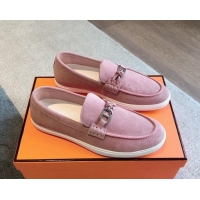 Good Quality Hermes Ignacio Loafers Flat with Chaine d'Ancre Buckle in Suede Pink 1008064