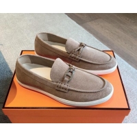 Grade Quality Hermes Ignacio Loafers Flat with Chaine d'Ancre Buckle in Suede Dark Beige 1008065