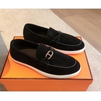 Purchase Hermes Ignacio Loafers Flat with Chaine d'Ancre Buckle in Suede Black 1008066