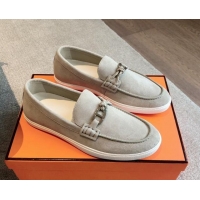 Best Grade Hermes Ignacio Loafers Flat with Chaine d'Ancre Buckle in Suede Grey 1008067