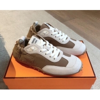 Top Grade Hermes Technical Canvas and Suede Sneakers Brown/White 1008068