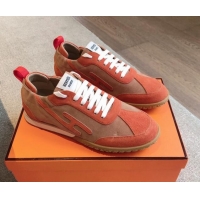 Classic Hot Hermes Jet Sneakers in Suede Red/Brown 008090